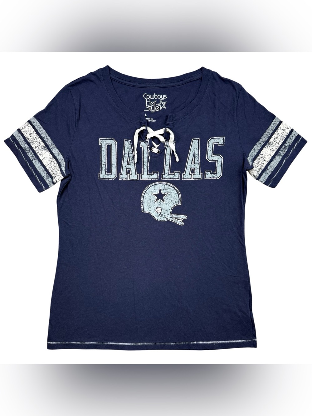 Women’s Dallas Cowboys Her Style Retro Helmet Logo Lace-Up V-Neck t-shirt size L